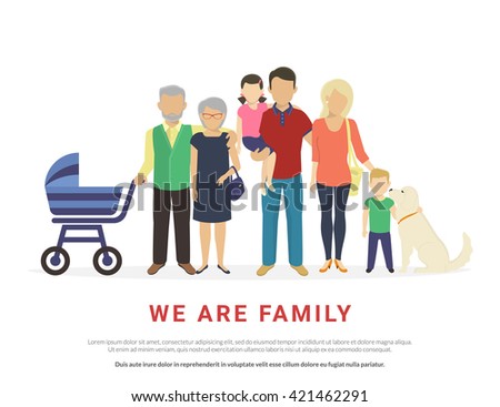 Big traditional family concept illustration of family portrait. Flat design of father and mother with their children and grandparents and dog isolated on white background