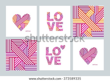 Set of greeting cards with Valentine's Day, Mother's Day, International Women's Day, birthday, wedding. Abstract hearts. Abstract seamless pattern. Love. Postcard. Congratulation. Vector.