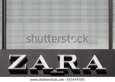 Lyon, France - August 15, 2016: Zara logo on a wall. Zara is a Spanish clothing and accessories retailer based in Arteixo, Spain