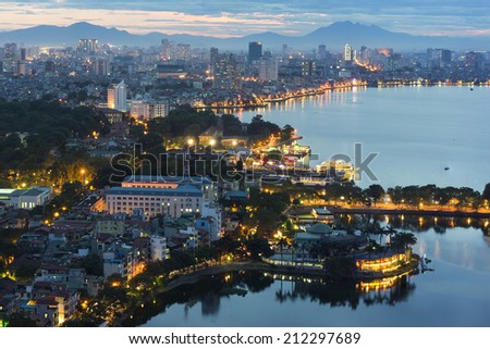 Hanoi cityscape at twilight at West Lake