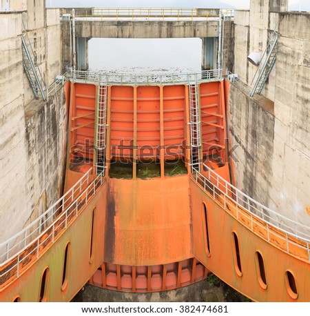 Hoa Binh, Vietnam - Jan 14, 2016: Spillway gate of Hoa Binh Hydroelectricity Plant. The plant was built from 1979 with 8 machines provides 1920 MW, equal to one third of productivity of Vietnam.