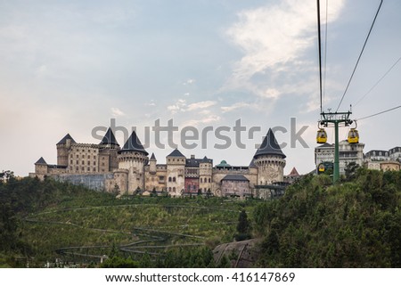 Da Nang, Vietnam - Apr 2, 2016: Aerial view of Ba Na Hills Mountain Resort with cable cars, the multi-level complex filled with amusement rides, attractions, restaurants, roller skating...