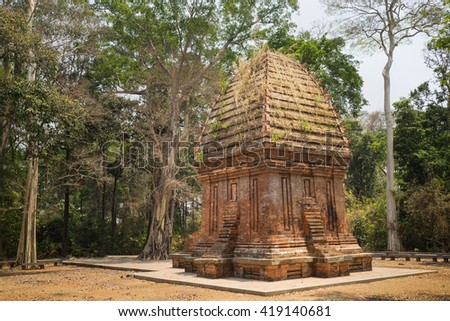 Side view of the only Cham Tower in jungle in Central Highlands of Vietnam, Yang Prong Tower is situated in Ea Sup District, 100km away from Buon Ma Thuot
