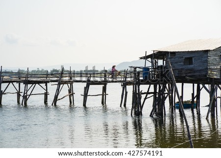 Phu Yen, Vietnam - Mar 31, 2016: Ong Cop bridge ( Mr Tiger 's wooden bridge), the longest wooden bridge in Vietnam. A woman cycling on the bridge
