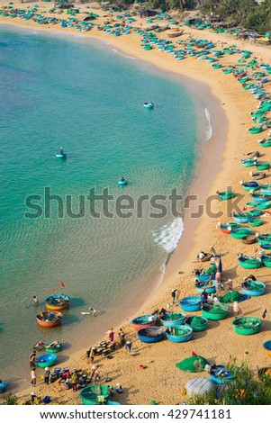 Aerial view of Quy Nhon beach with curved shore line in Binh Dinh province, Vietnam