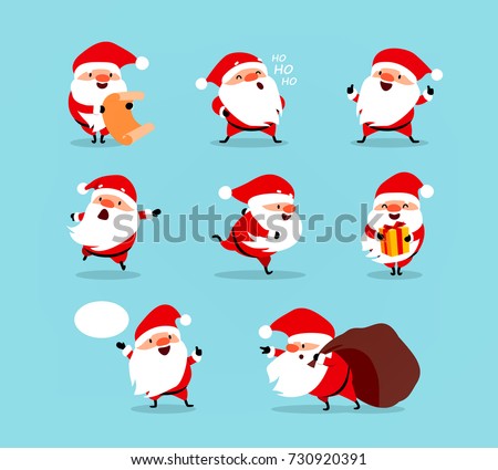 Collection of Christmas Santa Claus. Set of funny cartoon characters with different emotions and New Year's objects. Vector illustration isolated on light blue background. Set - 1