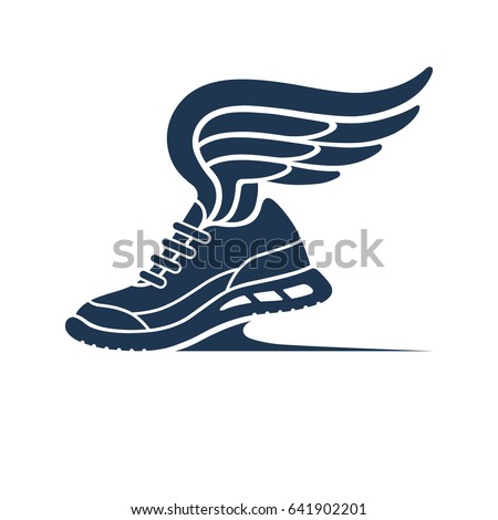 Speeding running shoe symbol, icon, logo. Sneaker silhouette with wings. Bitmap copy