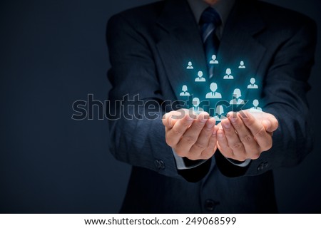Customer care, care for employees, human resources, life insurance, sales force and marketing segmentation concepts. Businessman or personnel and icons representing group of people.