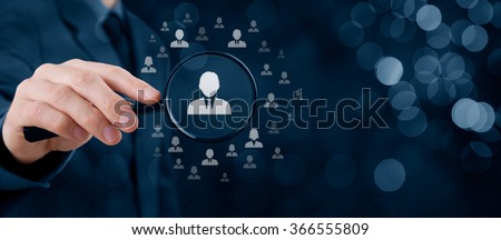 Human resources, CRM, data mining and social media concept - officer looking for employee represented by icon. Gender discrimination in employees selection. Wide banner with bokeh in background.