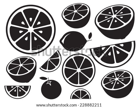 Collection of citrus slices - orange, lemon, lime and grapefruit, icons set, black isolated on white background, vector illustration.