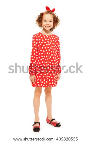 stock photo stylish curly haired girl in red polka dot dress 405820555