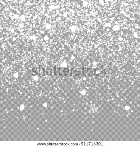 Isolated Christmas falling white snow overlay on transparent background. Snowflakes storm layer. Snow pattern for design. Snowfall backdrop texture. Vector snow illustration