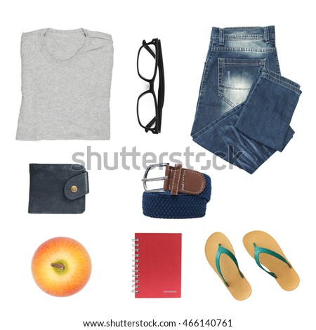 collection collage of men's clothing isolated white background