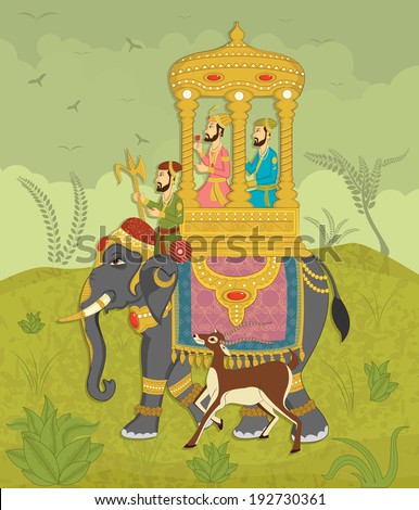 King on elephant ride in Indian art style