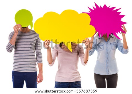 Group of young gay people hold colored bubble for text isolated on white background Bubble for text Group of young gay people hold colored bubble for text isolated on white background Bubble for text