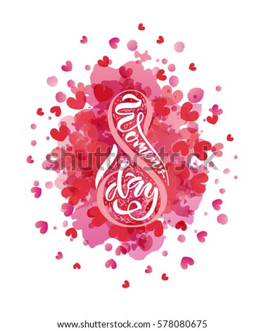Happy Women's Day text as International Women's Day badge/tag/icon. Text card/invitation/banner template. Love background. Happy Woman's Day lettering typography poster. Vector illustration EPS 10