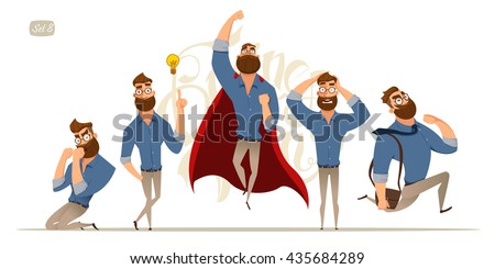 Business man characters. Business mans in casual clothes. Emotions and expressions