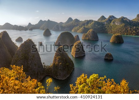 Rocks around the island Vayag (archipelago of Raja Ampat). Indonesia