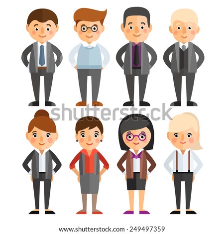 A set of characters in a flat style. Office workers. Women and men in business clothes.