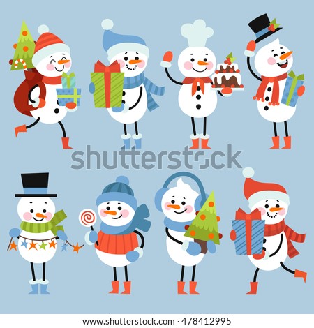 Set of winter holidays snowman. Cheerful snowmen in different costumes. Gifts, Christmas tree, garland, and other holiday attributes.