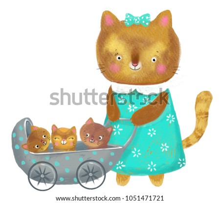 Cartoon Illustration Of A Sketch In Pastel Colors Mama Cat Walking With Baby Stroller
