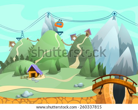 Seamless cartoon hills landscape, vector unending background with ground, hills, mountains and sky layers.