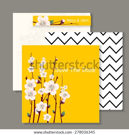 Vector spring apricot blossoming branch on bright yellow background