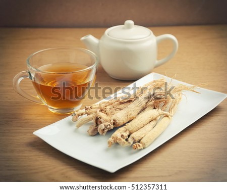 Ginseng tea ,Dry ginseng roots, The concept of healthy drink.