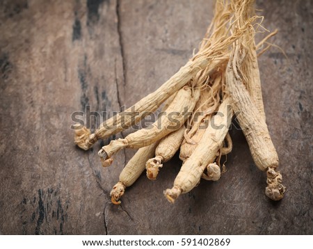 Dry Ginseng Roots on wood background ,with copy space.