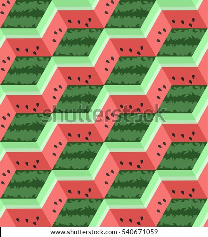 Geometric Vector Illustration with Watermelon. Flat Fruit Colorful Cube Background. Cubic Abstract Seamless Pattern