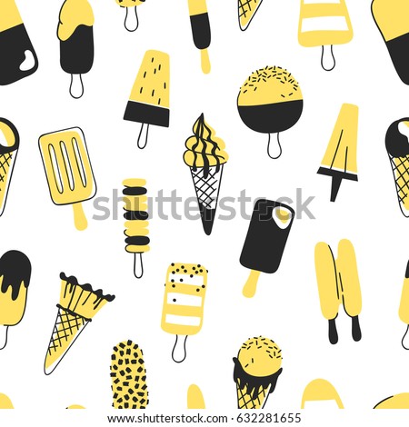 Hand drawn seamless pattern with ice cream. Vector artistic drawing food. Summer fashion illustration