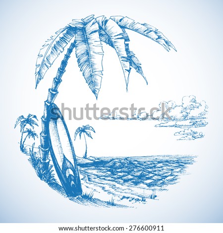 Surfing background, palm trees and sea view