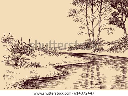 Landscape Drawing River Flow Vegetation Stock Vector 614072447 ...