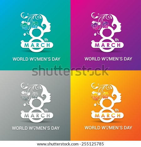 Beautiful Happy Women's Day greeting card, gift card wallpaper on Pink background, green background, orange background and gray background with Women face 8th march logo and typography