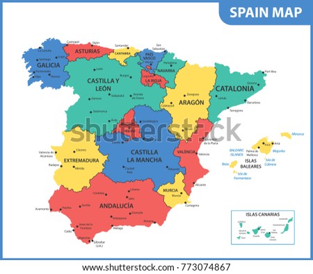 Detailed Map Spain Regions States Cities Stock Illustration 773074867 ...