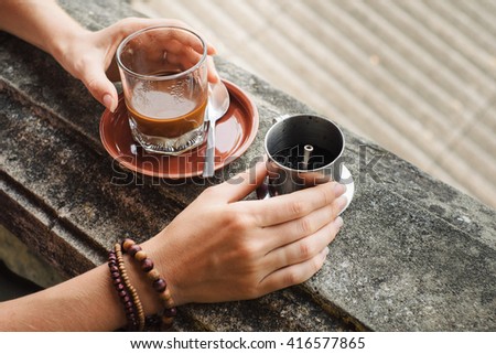 Traditional method of making of vietnamese coffee. Hoi An, Vietnam