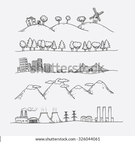 Vector illustration of landscapes. Doodles hand-drawn style.