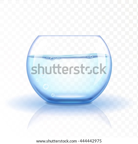 Realistic glass fishbowl, aquarium with water on transparent background. Vector illustration