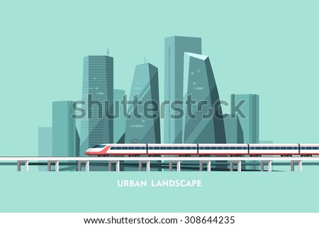 Cityscape background. Urban landscape. Downtown with skyscrapers and railway. Vector flat illustration.