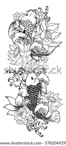hand drawn Outline koi fish tattoo with flower , tattoo design
