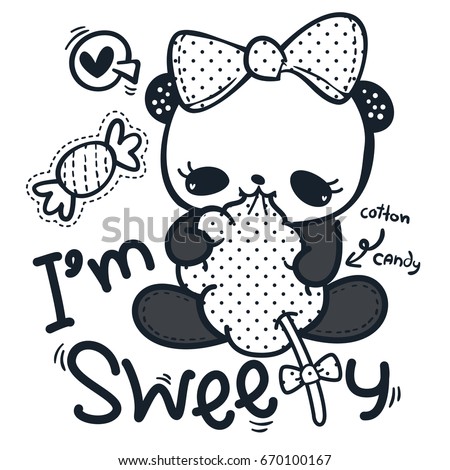 Coloring Page Outline Cute Cartoon Panda Girl Wearing A Bow Eating Cotton Candy Isolated On