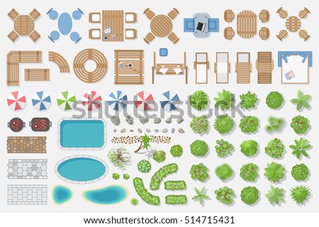 Isolated Vector Illustration Outdoor Furniture And Trees For Landscape Design Top View Isolated Vector Illustration Outdoor Furniture And Trees For Landscape Design Top View