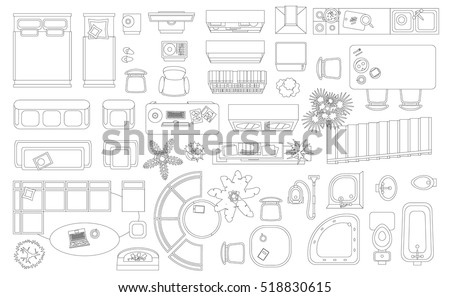 Set of linear icons. Interior top view. Isolated Vector Illustration. Furniture and elements for living room, bedroom, kitchen, bathroom. Floor plan (view from above). Furniture store.