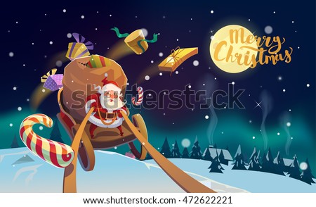 Christmas Card. Santa with the bunch of presents riding on a sleigh at the winter forest. Polar Lights at the background. Merry Christmas Lettering.