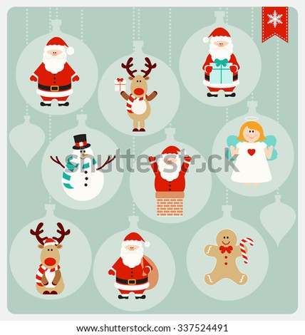 Christmas Characters - Santa Claus, Angel, Reindeer, Snowman, and Christmas Cookie in cute globe decorations