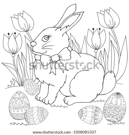 Easter Bunny In Flowers With Eggs Coloring Page Illustration