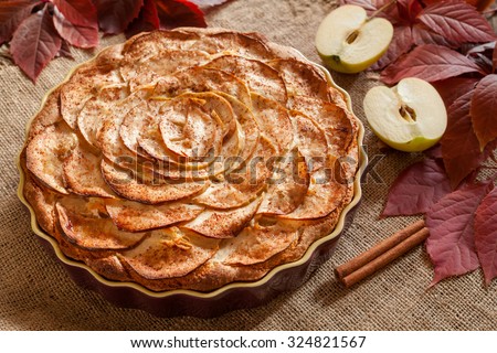 Gourmet Traditional Holiday Apple Pie Sweet Baked Dessert Food With Cinnamon And Apples On Vintage Background Gourmet Traditional Holiday Apple Pie Sweet Baked Dessert Food With Cinnamon And Apples On Vintage Background
