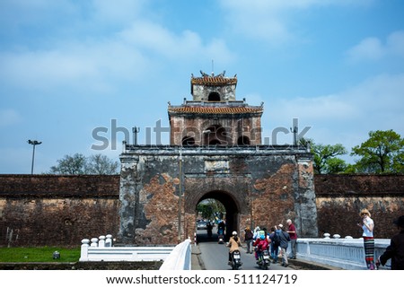 HUE, VIETNAM- FEB 22, 2014: Citadel, an culture heritage with Hoang Thanh (Imperial City),Tu Cam Thanh (Forbidden City), Dai Noi (Inner city), ngo mon (noon gate), ancient architecture in Vietnam