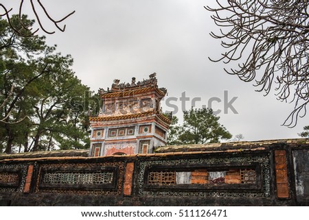 HUE, VIETNAM- FEB 19, 2016: Citadel, an culture heritage with Hoang Thanh (Imperial City),Tu Cam Thanh (Forbidden City), Dai Noi (Inner city), ngo mon (noon gate), ancient architecture in Vietnam