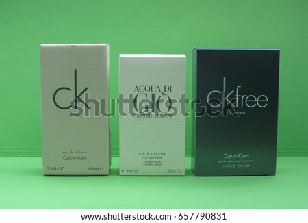 PARIS, FRANCE - CIRCA MAY 2017: Calvin Klein One, Armani Acqua di Gio, ck free for men eau de toilette, evergreen bestselling perfumes worldwide